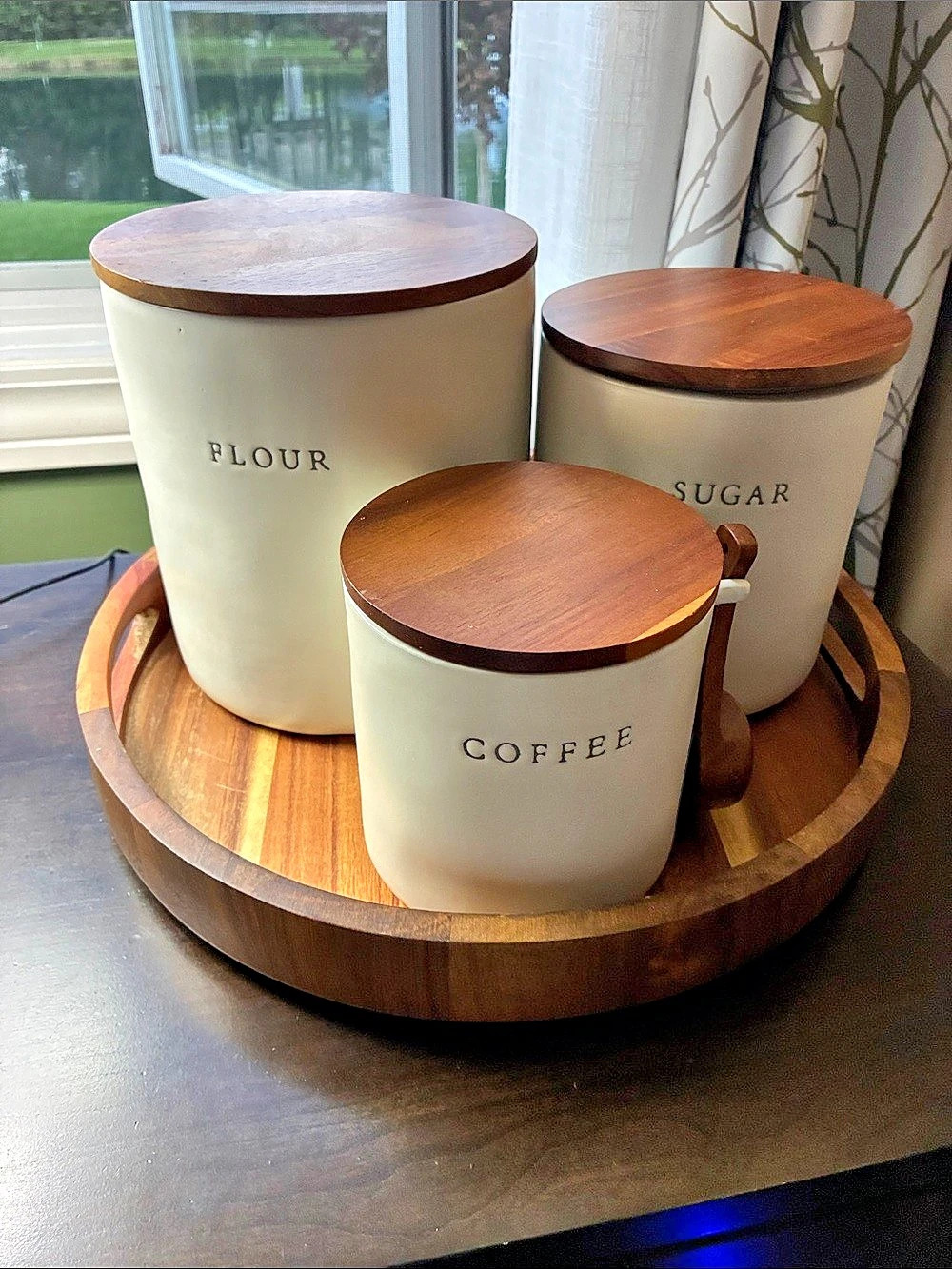 Hearth & Hand Magnolia FLOUR, SUGAR & COFFEE Canister Set with Wood Tray